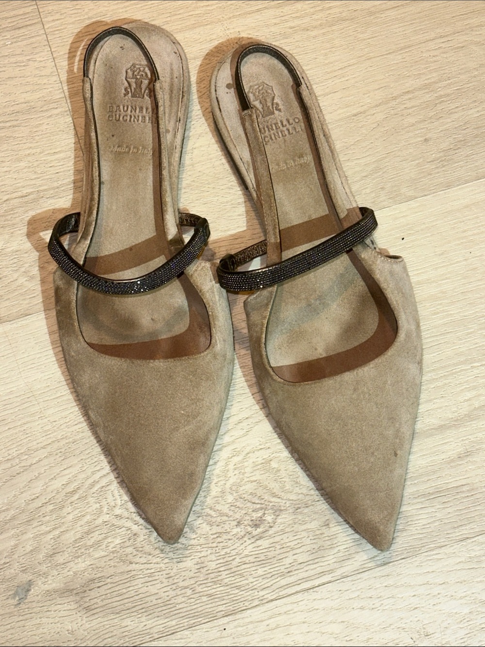 Brunello Cucinelli Taupe Pointed-Toe Slingback Mules with Monili Strap - Picture 5 of 13